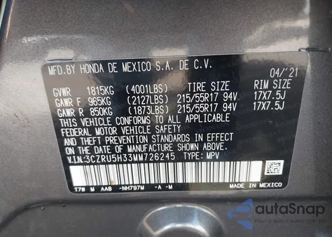 2021 Honda Hr-V 2Wd Lx z USA, uszkodzony, nr VIN 3CZRU5H33MM726245